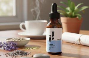 Full spectrum CBD oil bottle on a table with lavender and a warm cup in the background.