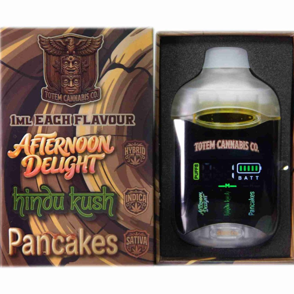 Totem Cannabis Co. Tri Chamber Vape – Afternoon Delight (Hybrid) + Hindu Kush (Indica) + Pancakes (Indica Dominant Hybrid) (3 x 1 Gram)