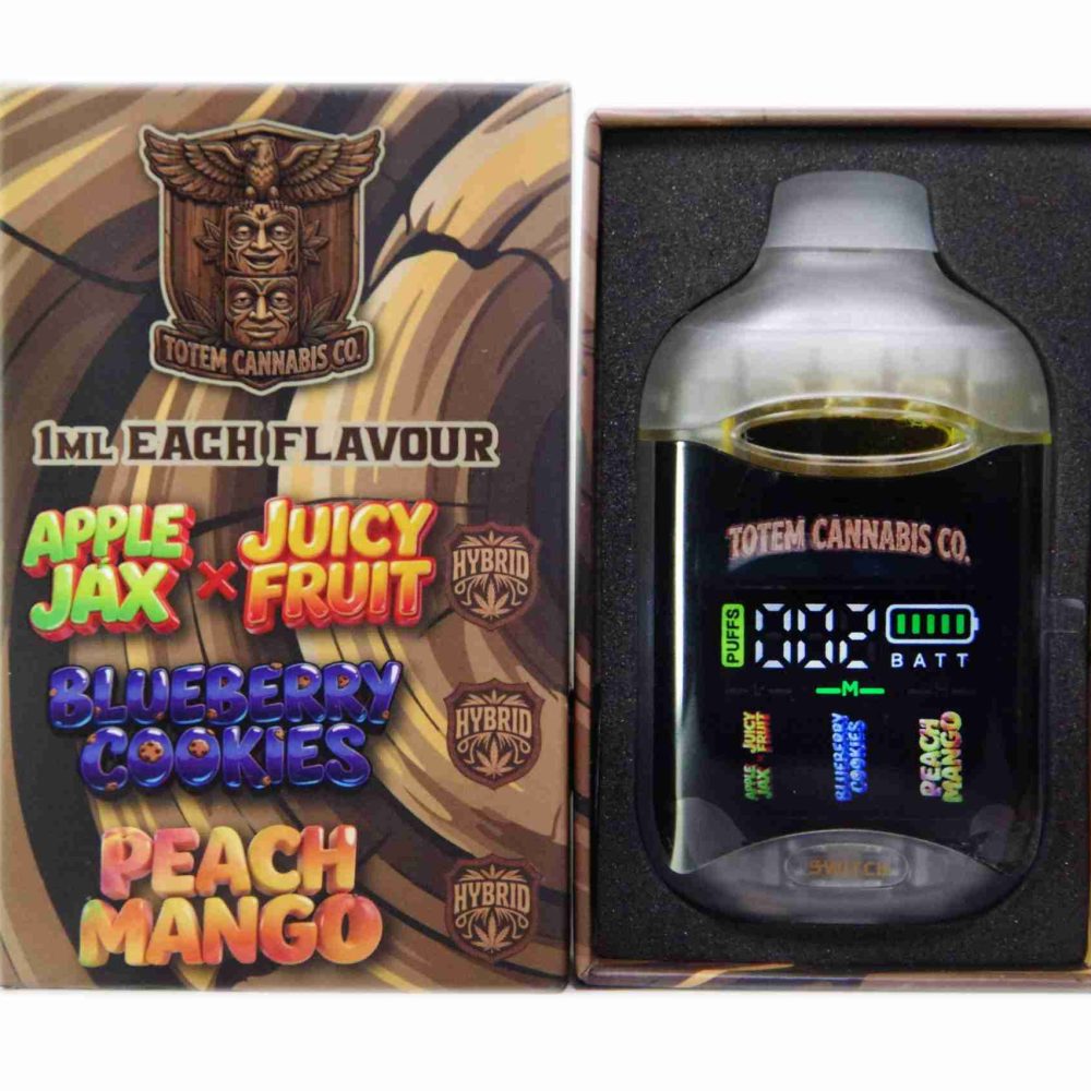 Totem Cannabis Co. Tri Chamber Vape – Apple Jax X Juicy Fruit (Hybrid) + Blueberry Cookies (Indica Dominant Hybrid) + Peach Mango (Hybrid) (3 x 1 Gram)