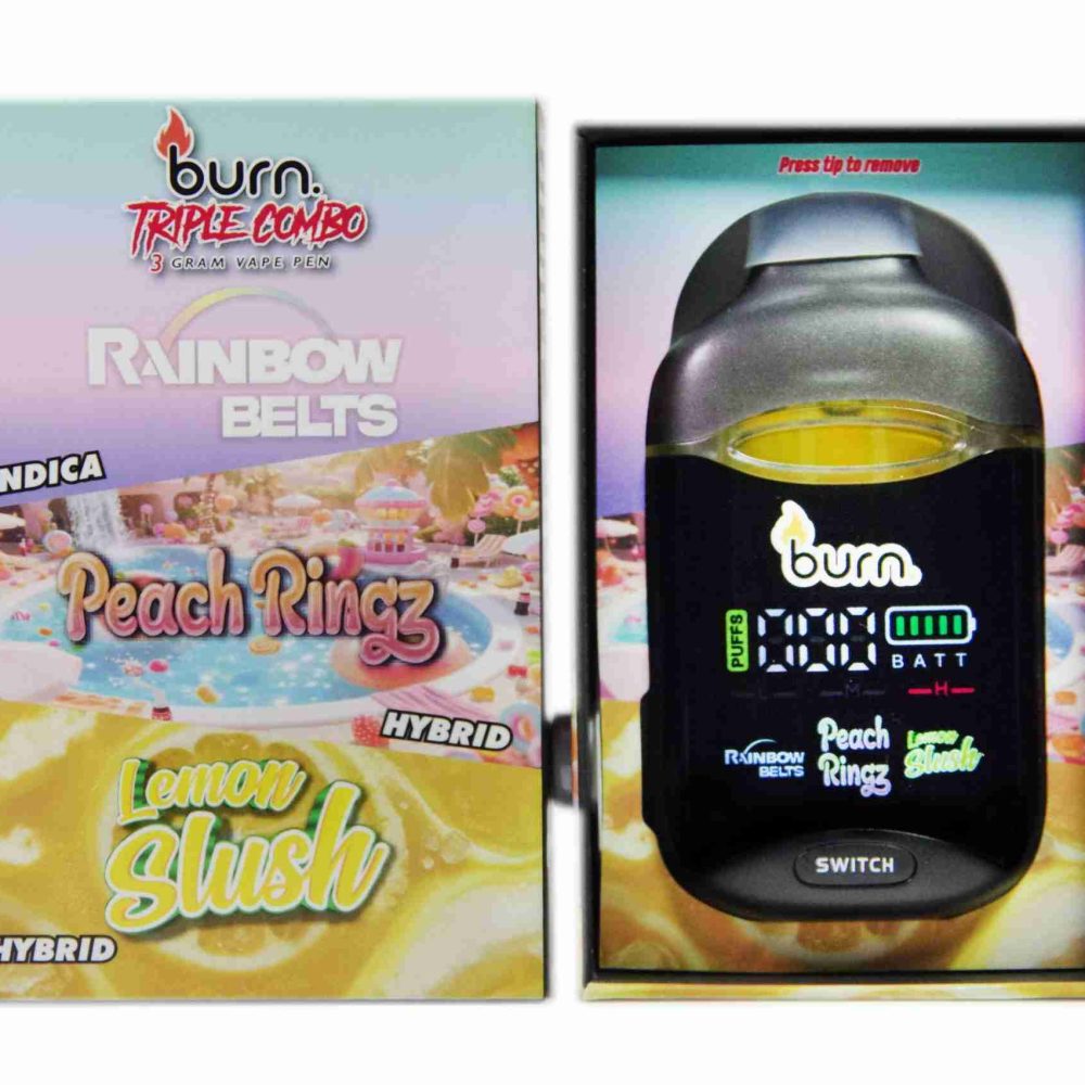 * New * Burn Triple Combo – Rainbow Belts + Peach Ringz + Lemon Slush (3 Gram)