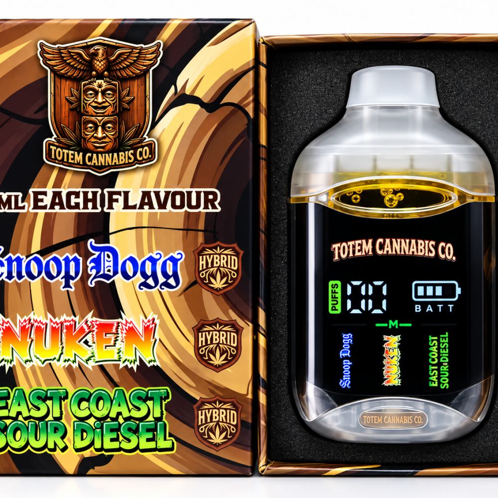 Totem Cannabis Co. Tri Chamber Vape – Snoop Dogg (Indica Dominant Hybrid) + Nuken (Indica Dominant Hybrid) + East Coast Sour Diesel (Sativa Dominant Hybrid) + Fruity Pebbles OG (Hybrid) (3 x 1 Gram)