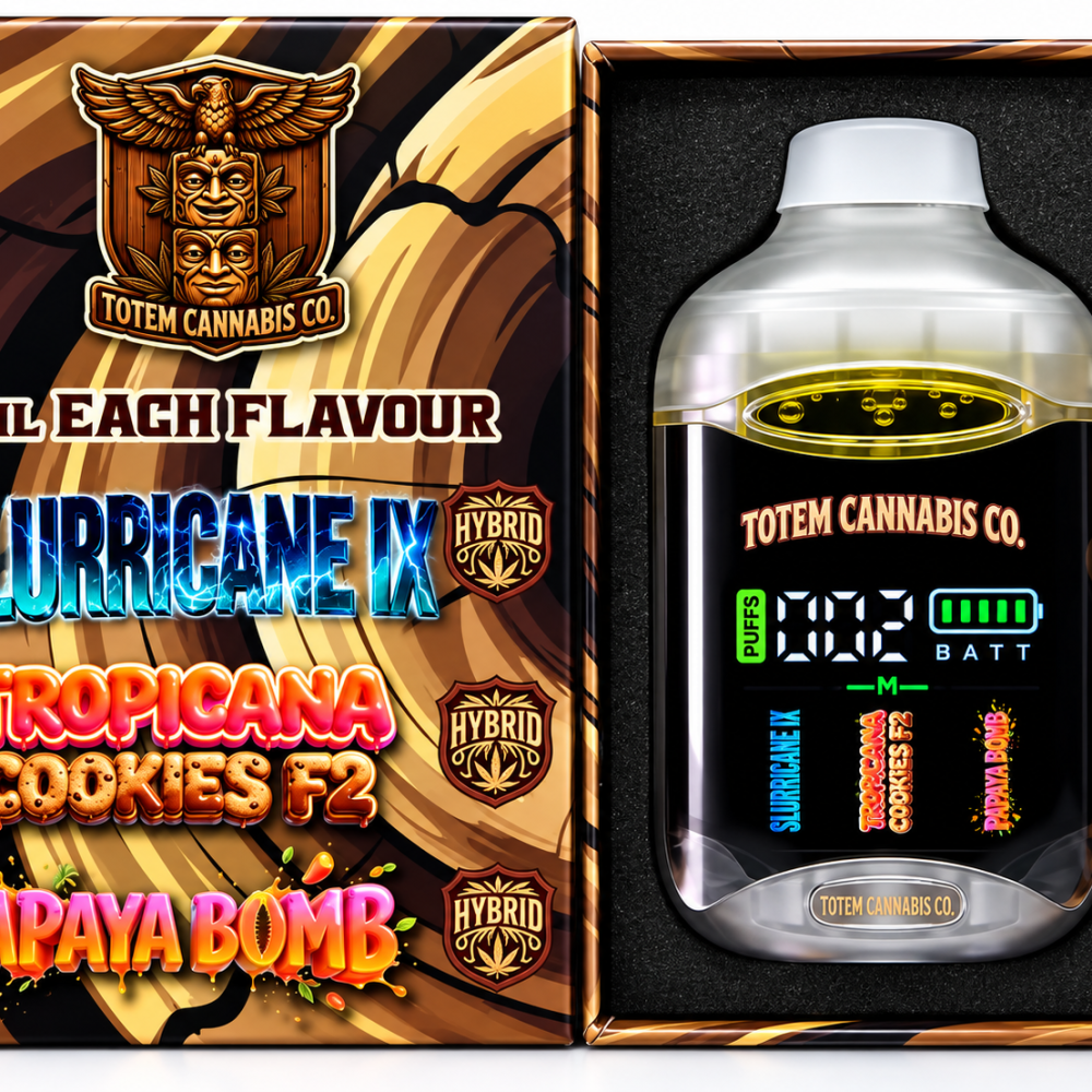 Totem Cannabis Co. Tri Chamber Vape – Slurricane IX (Hybrid) x Tropicana Cookies F2 (Sativa Dominant Hybrid) + Papaya Bomb (Hybrid) (3 x 1 Gram)